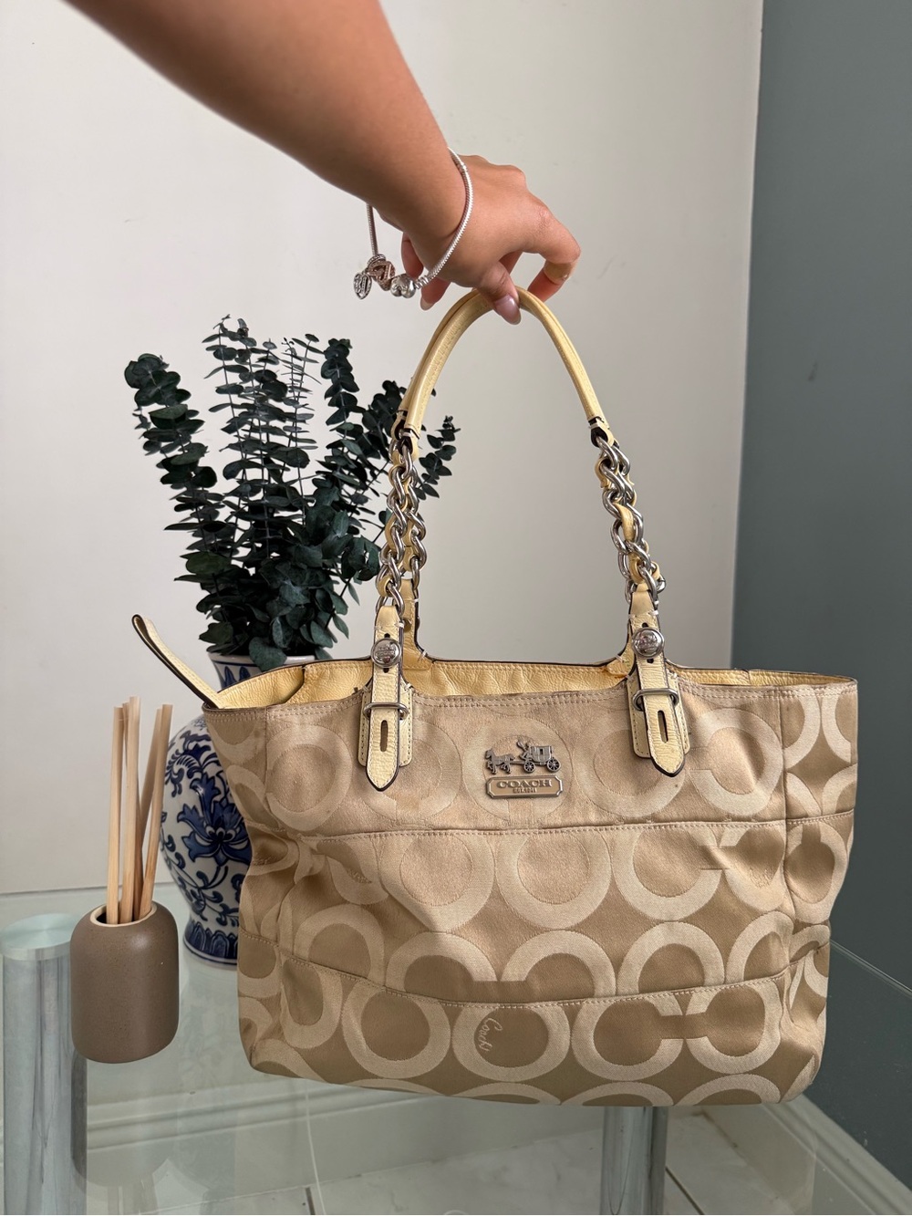 Coach Beige Signature Tote Bag with Gold Trim
